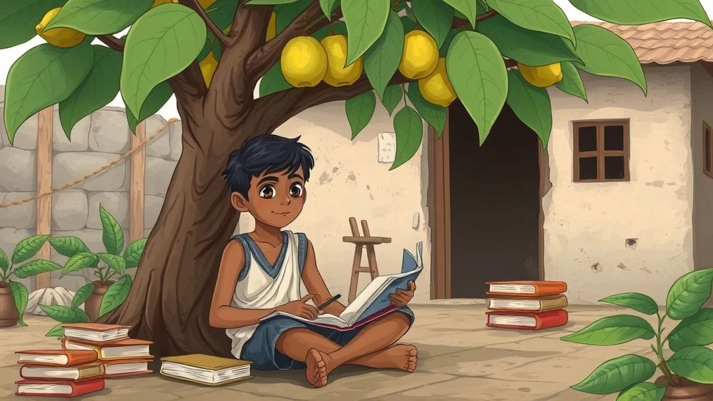 oung Indian boy studying under a guava tree outside a small slum house, day time, books and notebooks around him, poor living conditions, hopeful and determined expression, realistic illustration."